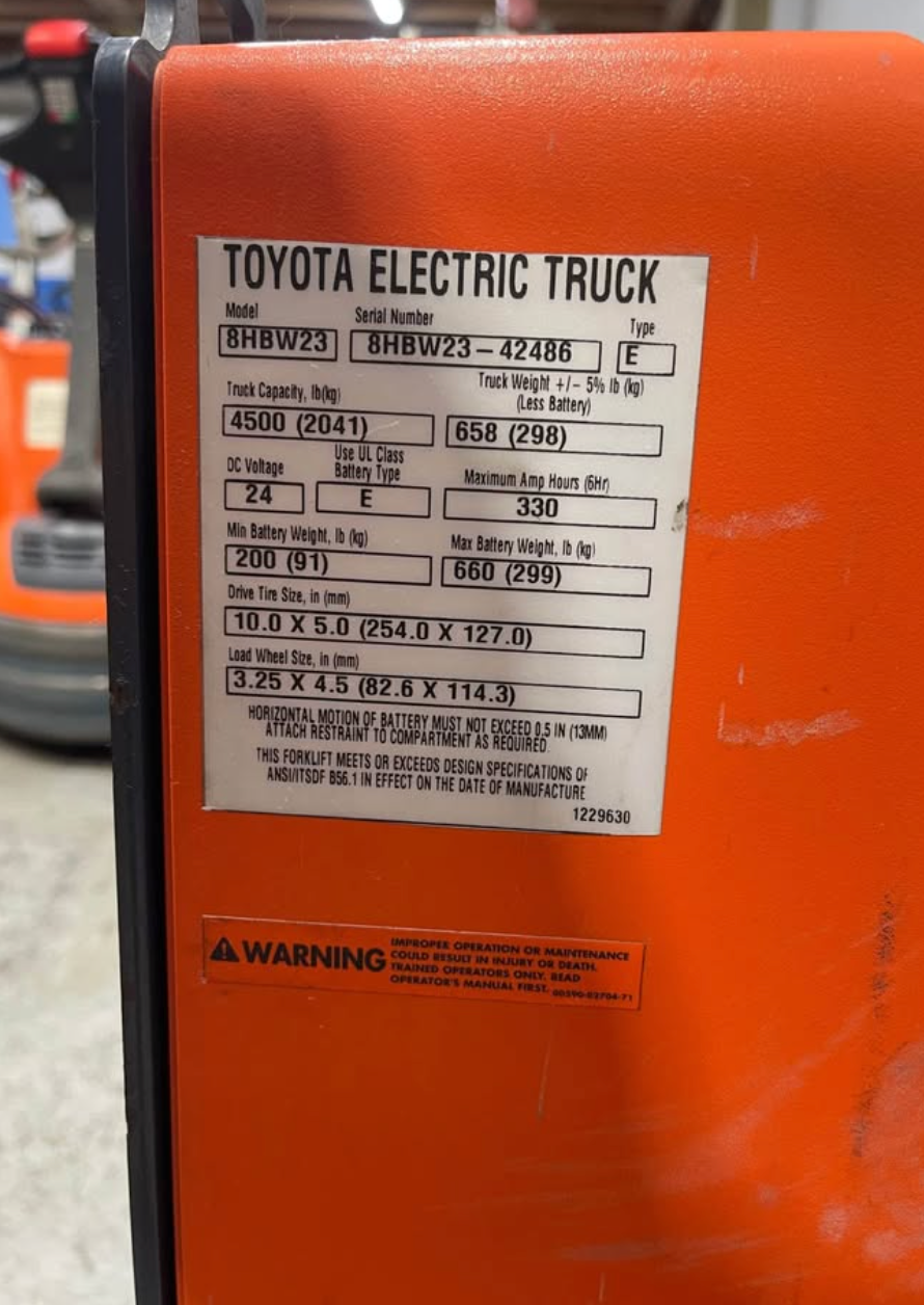 Toyota 8HBW23 ELECTRIC WALKIE PALLET JACKS 4500 lbs Like New 110v charge outlet